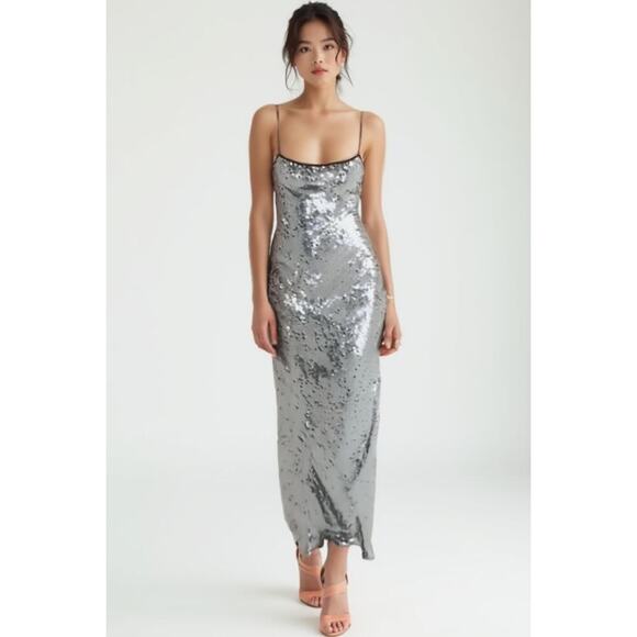 Rumored Metallic Sequin Slip Stretch Maxi Dress Disco Silver sze 0 NWT Party - Picture 1 of 14